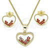 Oro Laminado Earring and Pendant Adult Set, Gold Filled Style Heart Design, with Garnet Micro Pave, Polished, Golden Finish, 10.284.0010.1