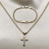 Oro Laminado Earring and Pendant Children Set, Gold Filled Style Cross Design, Diamond Cutting Finish, Golden Finish, 06.63.0183