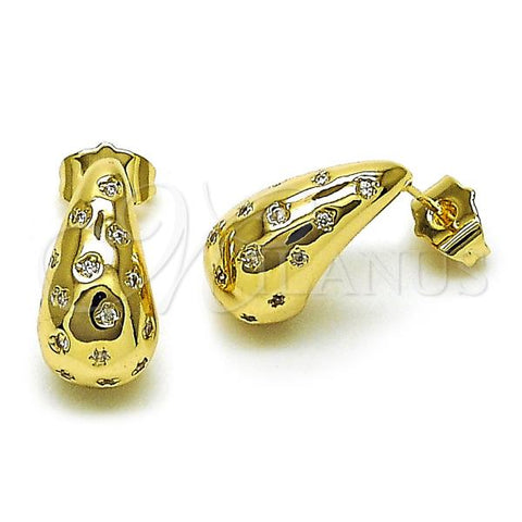 Oro Laminado Stud Earring, Gold Filled Style Chunky Design, with White Cubic Zirconia, Polished, Golden Finish, 02.283.0154