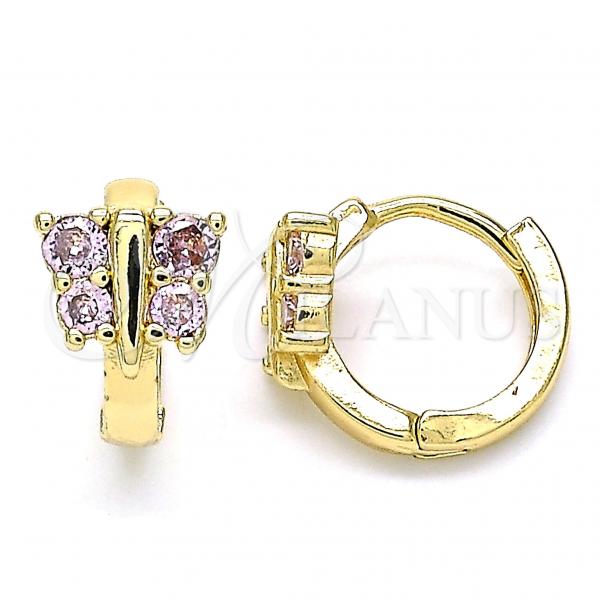 Oro Laminado Huggie Hoop, Gold Filled Style Butterfly Design, with Pink Cubic Zirconia, Polished, Golden Finish, 02.284.0040.12