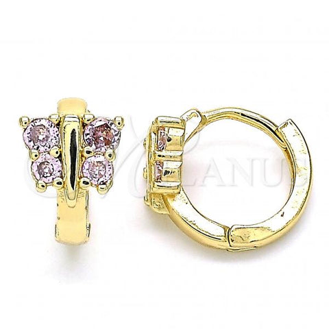 Oro Laminado Huggie Hoop, Gold Filled Style Butterfly Design, with Pink Cubic Zirconia, Polished, Golden Finish, 02.284.0040.12