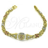 Oro Laminado Fancy Bracelet, Gold Filled Style Guadalupe and Flower Design, Diamond Cutting Finish, Tricolor, 03.351.0147.08