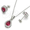 Sterling Silver Earring and Pendant Adult Set, Teardrop Design, with Ruby Cubic Zirconia and White Crystal, Polished, Rhodium Finish, 10.175.0067.2