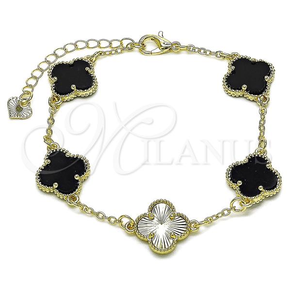 Oro Laminado Fancy Bracelet, Gold Filled Style Four-leaf Clover and Rolo Design, with Black Mother of Pearl, Diamond Cutting Finish, Golden Finish, 03.414.0002.1.07