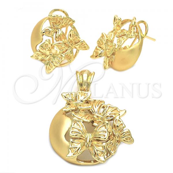 Oro Laminado Earring and Pendant Adult Set, Gold Filled Style Butterfly Design, Matte Finish, Golden Finish, 10.91.0031