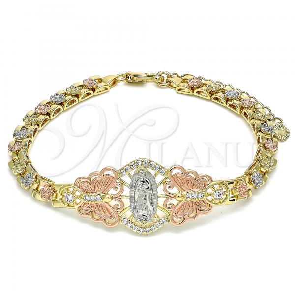 Oro Laminado Fancy Bracelet, Gold Filled Style Guadalupe and Butterfly Design, with White Micro Pave, Polished, Tricolor, 03.380.0009.1.07