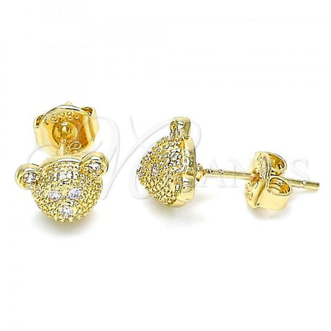 Oro Laminado Stud Earring, Gold Filled Style Teddy Bear Design, with White Micro Pave, Polished, Golden Finish, 02.156.0429
