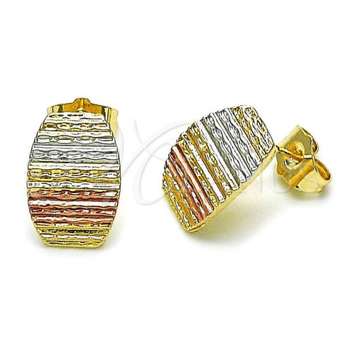 Oro Laminado Stud Earring, Gold Filled Style Diamond Cutting Finish, Tricolor, 02.196.0133