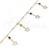 Oro Laminado Charm Anklet , Gold Filled Style Star and Rattle Charm Design, with Multicolor Crystal, Polished, Golden Finish, 03.213.0105.1.10