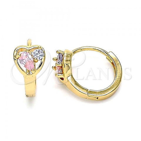 Oro Laminado Huggie Hoop, Gold Filled Style Heart and Teardrop Design, with Pink and Lavender Cubic Zirconia, Polished, Golden Finish, 02.213.0354.15