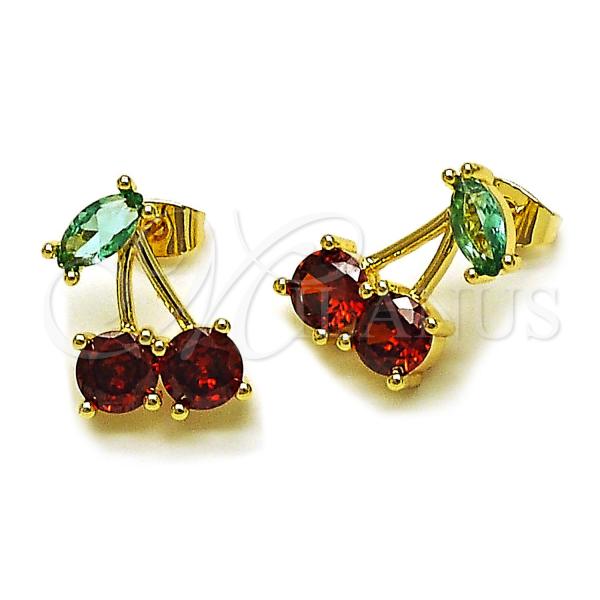Oro Laminado Stud Earring, Gold Filled Style Cherry Design, with Garnet and Light Turquoise Cubic Zirconia, Polished, Golden Finish, 02.170.0522