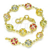 Oro Laminado Fancy Bracelet, Gold Filled Style Four-leaf Clover Design, with Multicolor Cubic Zirconia, Polished, Golden Finish, 03.386.0002.07