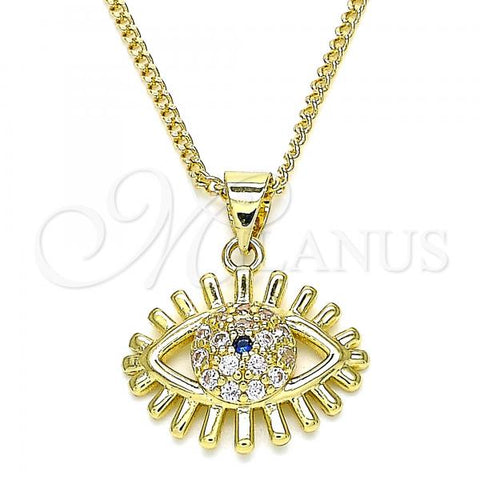 Oro Laminado Pendant Necklace, Gold Filled Style Evil Eye Design, with Sapphire Blue and White Micro Pave, Polished, Golden Finish, 04.156.0390.20