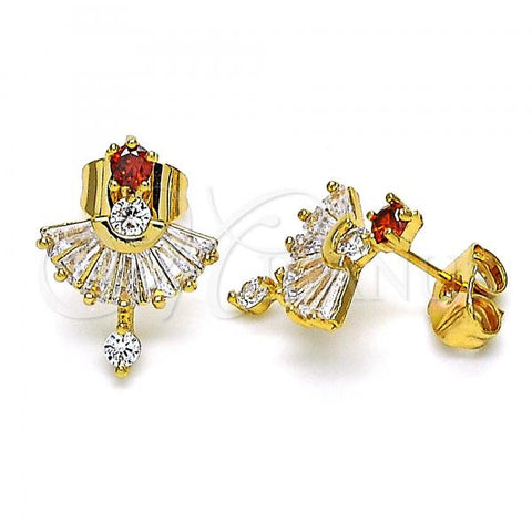 Oro Laminado Stud Earring, Gold Filled Style with Garnet and White Cubic Zirconia, Polished, Golden Finish, 02.387.0094.1