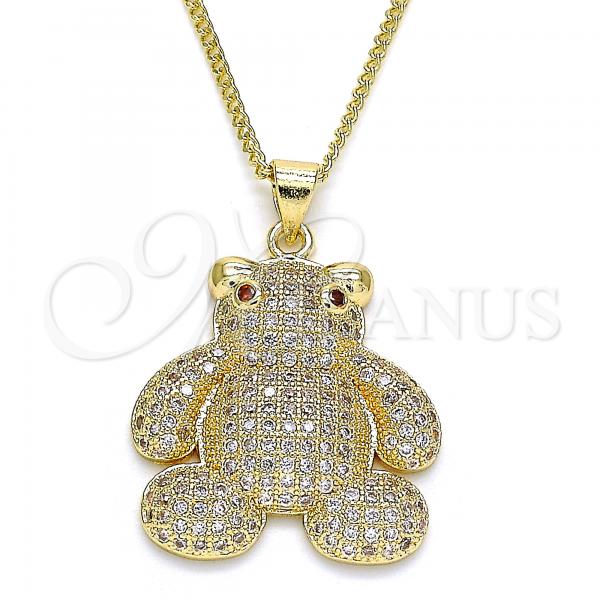 Oro Laminado Pendant Necklace, Gold Filled Style Teddy Bear Design, with White and Garnet Micro Pave, Polished, Golden Finish, 04.156.0198.20