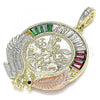 Oro Laminado Religious Pendant, Gold Filled Style Centenario Coin and Angel Design, with Garnet and Green Crystal, Polished, Tricolor, 05.380.0029.1