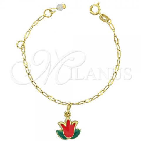 Oro Laminado Charm Bracelet, Gold Filled Style Flower Design, Multicolor Enamel Finish, Golden Finish, 03.16.0011