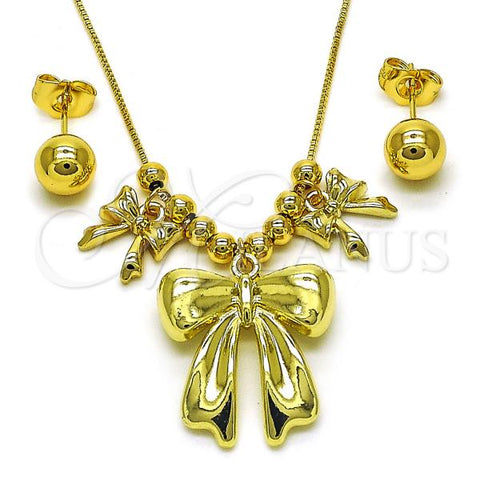 Oro Laminado Necklace and Earring, Gold Filled Style Bow and Ball Design, Polished, Golden Finish, 06.417.0008
