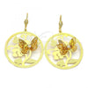 Oro Laminado Dangle Earring, Gold Filled Style Butterfly and Flower Design, with White Cubic Zirconia, Diamond Cutting Finish, Golden Finish, 5.093.004