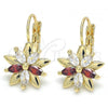 Oro Laminado Leverback Earring, Gold Filled Style Flower Design, with Garnet and White Cubic Zirconia, Polished, Golden Finish, 02.210.0228.2
