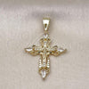 Oro Laminado Religious Pendant, Gold Filled Style Cross and Crucifix Design, with White Cubic Zirconia, Polished, Golden Finish, 05.253.0190