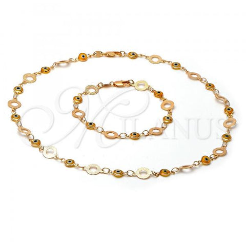 Oro Laminado Necklace and Bracelet, Gold Filled Style Evil Eye Design, Enamel Finish, Golden Finish, 06.63.0014