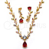 Oro Laminado Necklace and Earring, Gold Filled Style Teardrop and Leaf Design, with Multicolor Cubic Zirconia, Polished, Golden Finish, 06.205.0006.1
