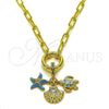 Oro Laminado Fancy Necklace, Gold Filled Style Shell and Star Design, with White Cubic Zirconia and Turquoise Micro Pave, Turquoise Enamel Finish, Golden Finish, 04.341.0244.20