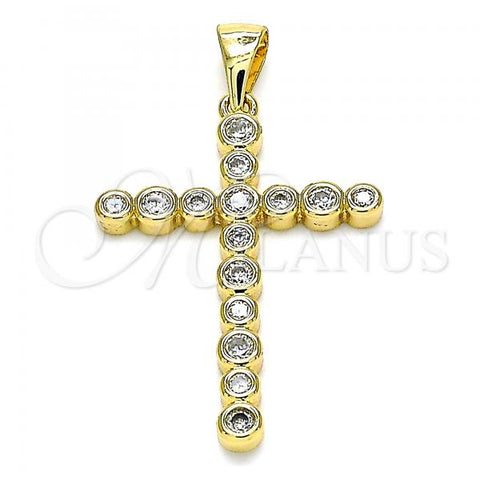 Oro Laminado Religious Pendant, Gold Filled Style Cross Design, with White Cubic Zirconia, Polished, Golden Finish, 05.342.0043