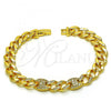 Oro Laminado Fancy Bracelet, Gold Filled Style Puff Mariner and Curb Design, with White Micro Pave, Polished, Golden Finish, 03.346.0009.07