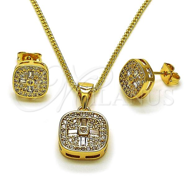 Oro Laminado Earring and Pendant Adult Set, Gold Filled Style Baguette Design, with White Cubic Zirconia and White Micro Pave, Polished, Golden Finish, 10.342.0224