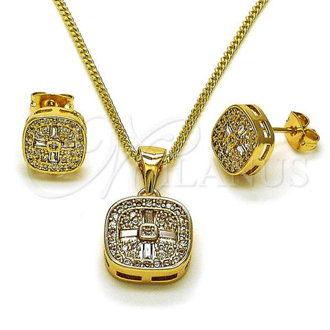 Oro Laminado Earring and Pendant Adult Set, Gold Filled Style Baguette Design, with White Cubic Zirconia and White Micro Pave, Polished, Golden Finish, 10.342.0224