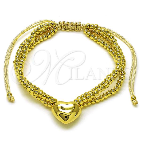 Oro Laminado Adjustable Bolo Bracelet, Gold Filled Style Heart and Ball Design, Polished, Golden Finish, 03.341.0232.11