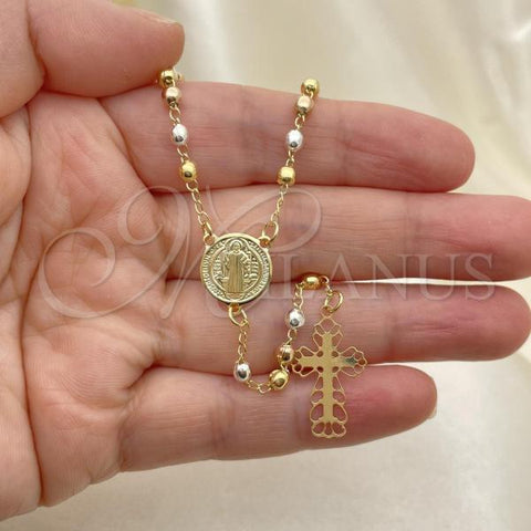 Oro Laminado Thin Rosary, Gold Filled Style Cross and San Benito Design, Polished, Tricolor, 09.02.0059.18