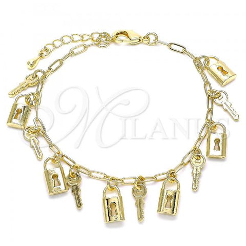 Oro Laminado Charm Bracelet, Gold Filled Style key and Lock Design, Polished, Golden Finish, 03.372.0021.08