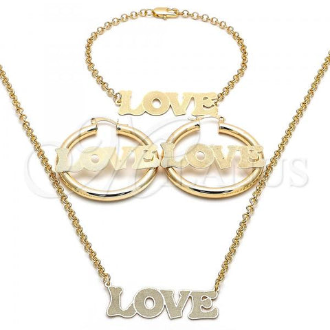 Oro Laminado Necklace, Bracelet and Earring, Gold Filled Style Love Design, Polished, Golden Finish, 06.63.0246