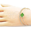 Oro Laminado Individual Bangle, Gold Filled Style Four-leaf Clover Design, with White Cubic Zirconia and Light Green Mother of Pearl, Polished, Golden Finish, 07.283.0003.2