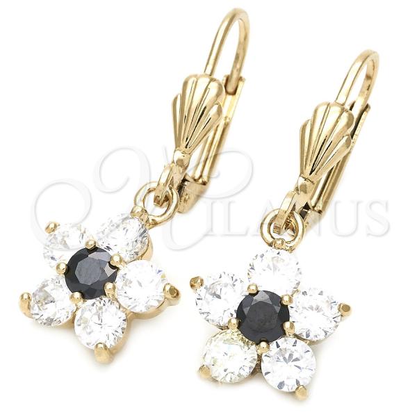 Oro Laminado Dangle Earring, Gold Filled Style Flower Design, with Black and White Cubic Zirconia, Polished, Golden Finish, 5.028.017