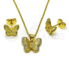 Oro Laminado Earring and Pendant Adult Set, Gold Filled Style Butterfly and Rolo Design, with White Micro Pave, Diamond Cutting Finish, Golden Finish, 10.156.0513