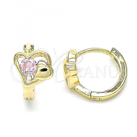 Oro Laminado Huggie Hoop, Gold Filled Style Heart Design, with Pink Cubic Zirconia, Polished, Golden Finish, 02.210.0592.12