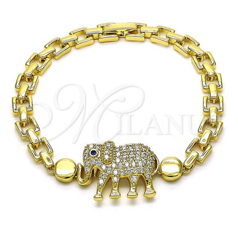 Oro Laminado Fancy Bracelet, Gold Filled Style Elephant Design, with White and Sapphire Blue Micro Pave, Polished, Golden Finish, 03.283.0348.07
