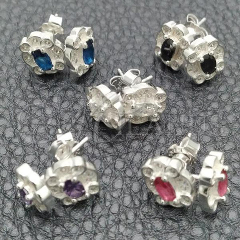 Sterling Silver Stud Earring, Flower Design, with White Cubic Zirconia, Polished, Silver Finish, 02.398.0019