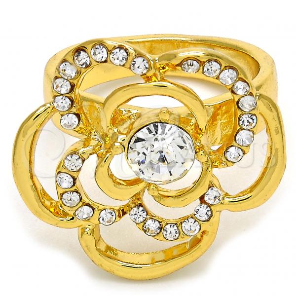 Oro Laminado Multi Stone Ring, Gold Filled Style Flower Design, with White Crystal, Polished, Golden Finish, 01.241.0025.09 (Size 9)