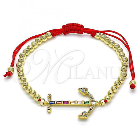Oro Laminado Fancy Bracelet, Gold Filled Style Anchor and Ball Design, with Multicolor Cubic Zirconia and Multicolor Micro Pave, Polished, Golden Finish, 03.207.0119.11