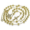 Oro Laminado Medium Rosary, Gold Filled Style Guadalupe and Crucifix Design, with White Crystal, Polished, Golden Finish, 09.213.0038.26