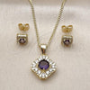 Oro Laminado Earring and Pendant Adult Set, Gold Filled Style with Amethyst Cubic Zirconia and White Micro Pave, Polished, Golden Finish, 10.344.0016.4