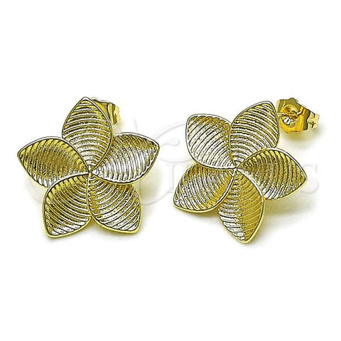 Oro Laminado Stud Earring, Gold Filled Style Flower Design, Brushed Finish, Golden Finish, 02.385.0065