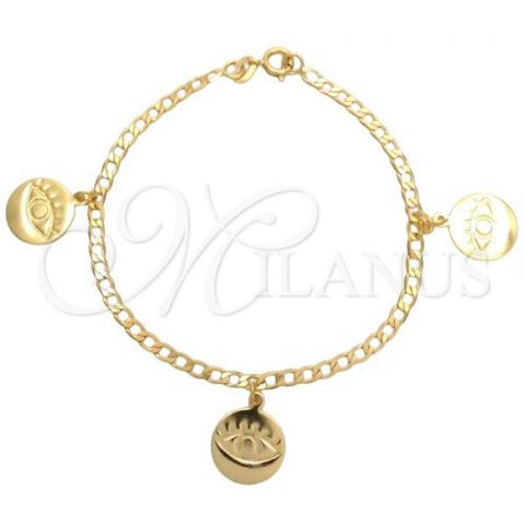Oro Laminado Charm Bracelet, Gold Filled Style Evil Eye and Concave Cuban Design, Polished, Golden Finish, 03.58.0054.07