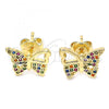 Oro Laminado Stud Earring, Gold Filled Style Butterfly Design, with Multicolor Micro Pave, Polished, Golden Finish, 02.156.0456.3