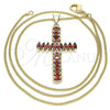 Oro Laminado Pendant Necklace, Gold Filled Style Cross Design, with Garnet Cubic Zirconia, Polished, Golden Finish, 04.284.0028.1.20